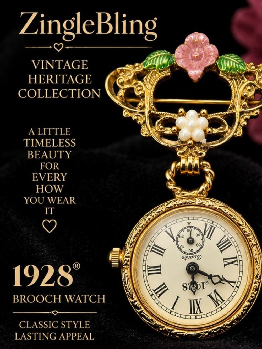 1928 Victorian Revival Brooch Watch Gold Tone Enamel Floral Pin